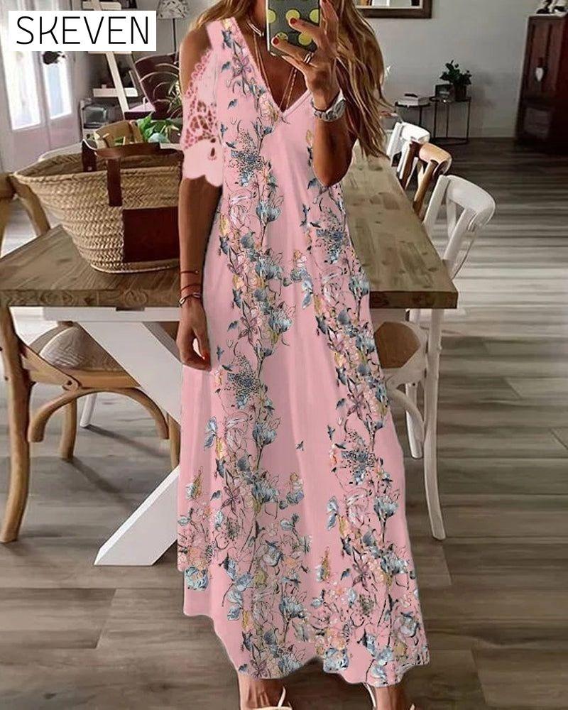 Floral Print Dress with Short Lace Sleeves Pink 23BF Casual Dresses Clothes Dresses Spring Summer Vacation Dresses