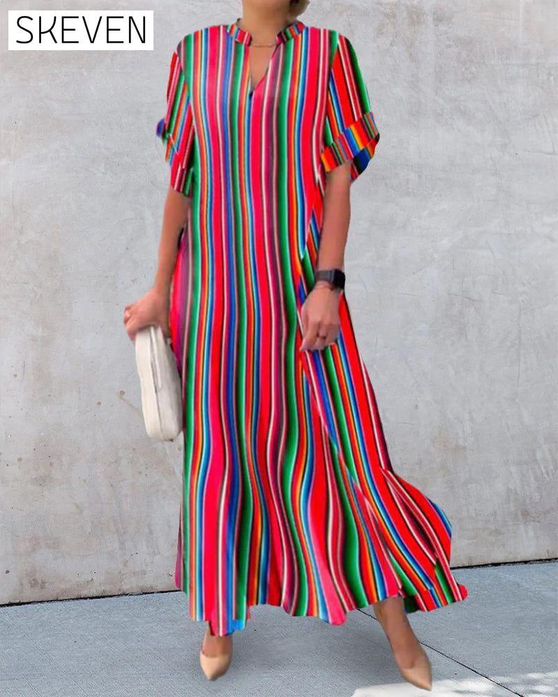 Colorful V-neck Dress in Stripe Print 23BF Casual Dresses Clothes Dresses Spring Summer