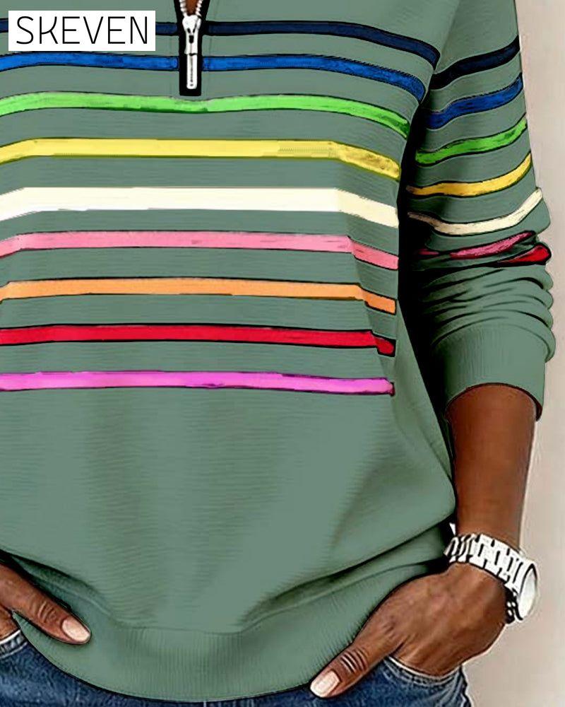 Modisches Sweatshirt mit Regenbogenstreifen und halbem Reißverschlusskragen