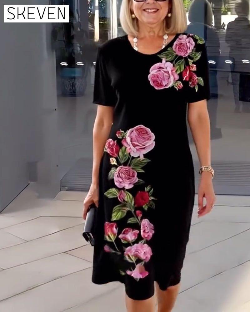 Short Sleeve Rose Print Shift Dress