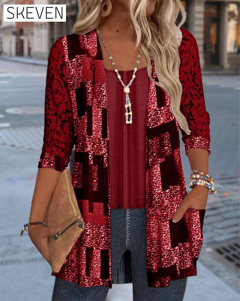 Faux Two-Piece Printed Long-Sleeved Blouse