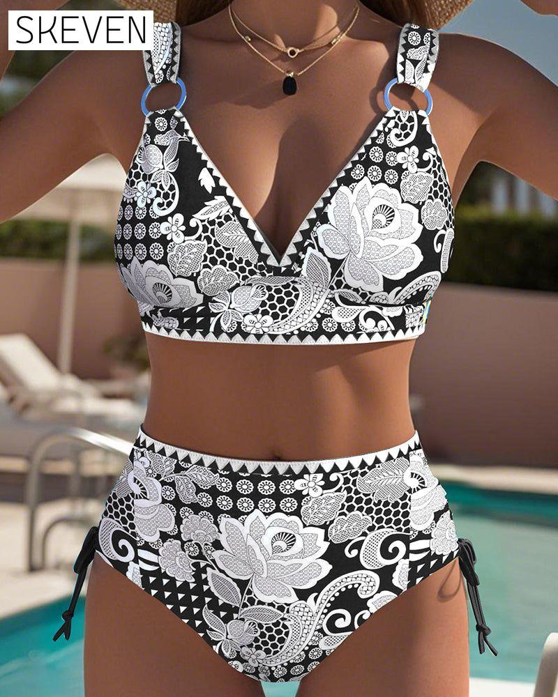 Printed Lace-Up Triangle Bikini
