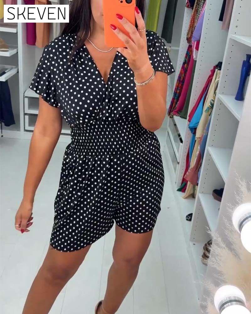 Casual polka dot printed V-neck short-sleeve jumpsuit