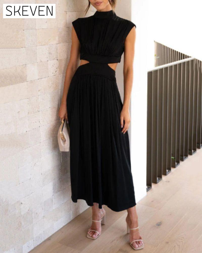 Stand collar off waist solid color long dress Black 23BF Casual Dresses Clothes Dresses Summer