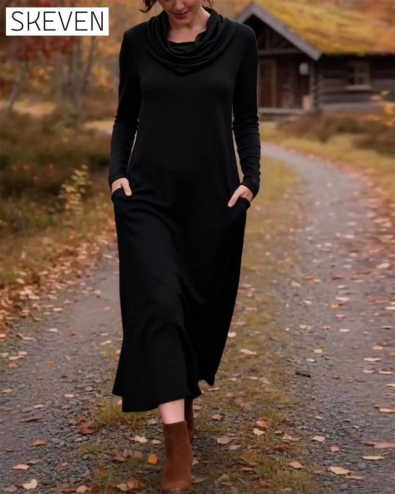 Lässiges, schlichtes, einfarbiges Kleid mit Tasche