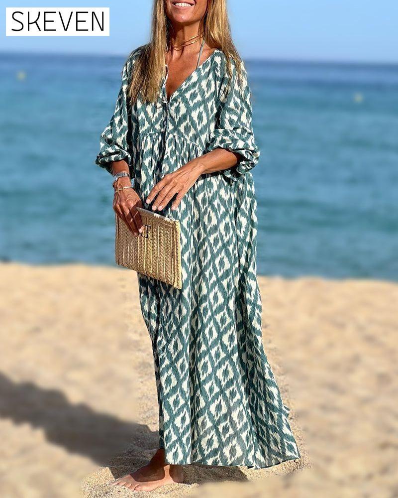 Square print v-neck dress Green Casual Dresses Clothes Dresses SALE Spring Summer