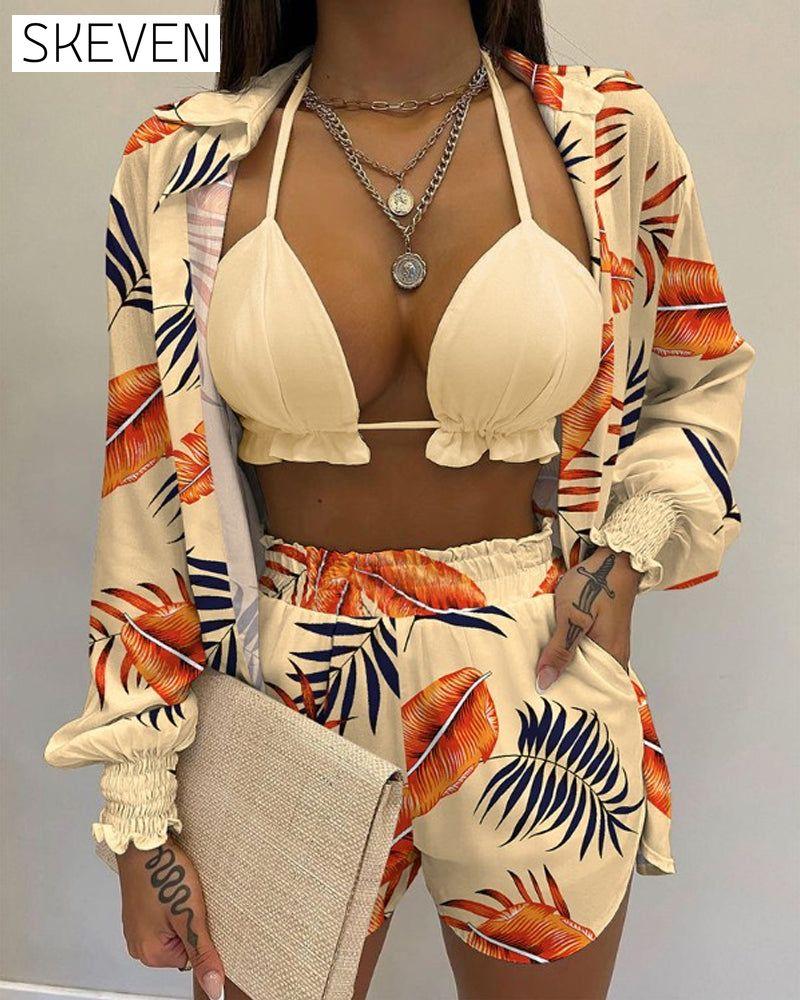 Balloon sleeve shirt bikini three piece set