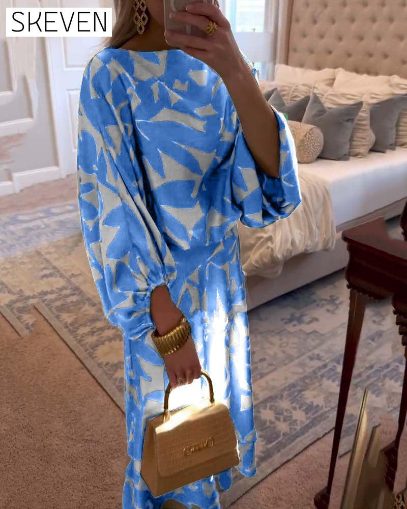 Temperament Printed Lantern Sleeves Casual Dress Set