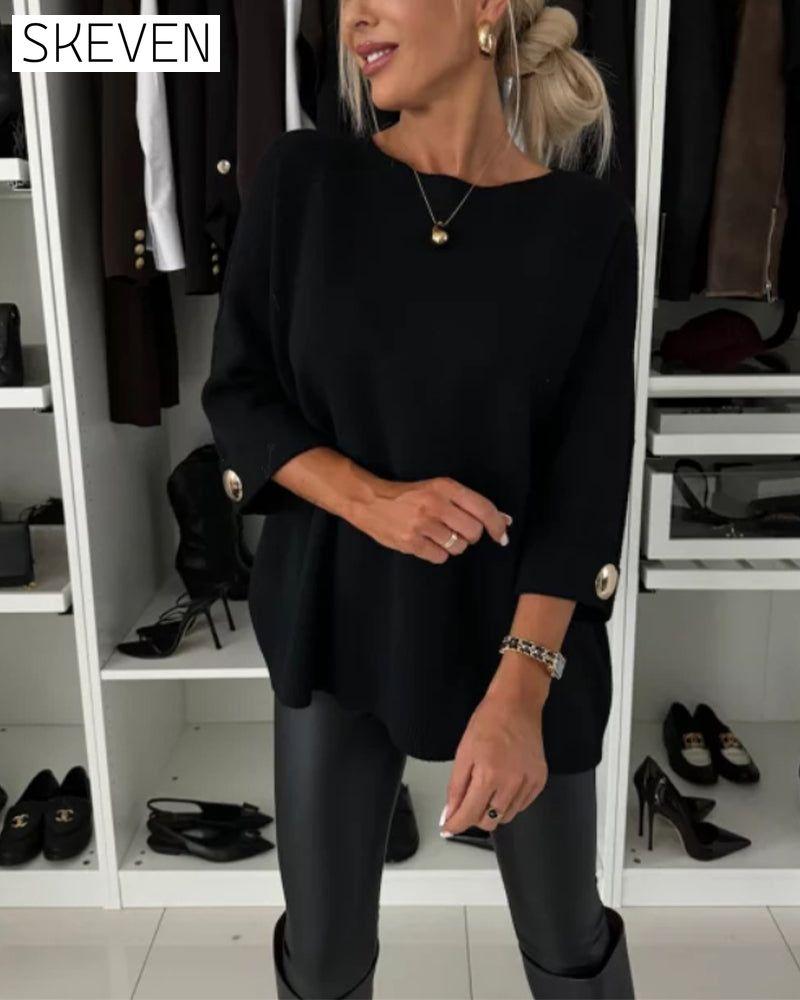Fashion solid color round neck button pullover
