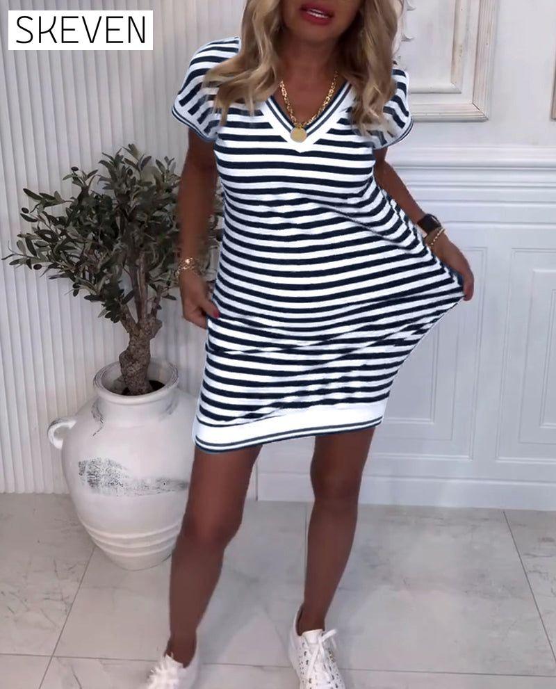V-Neck Contrast Striped Dress