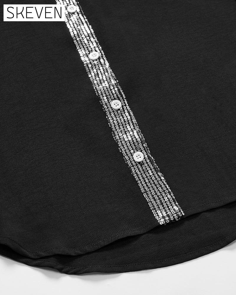 Paneled sequin button casual top