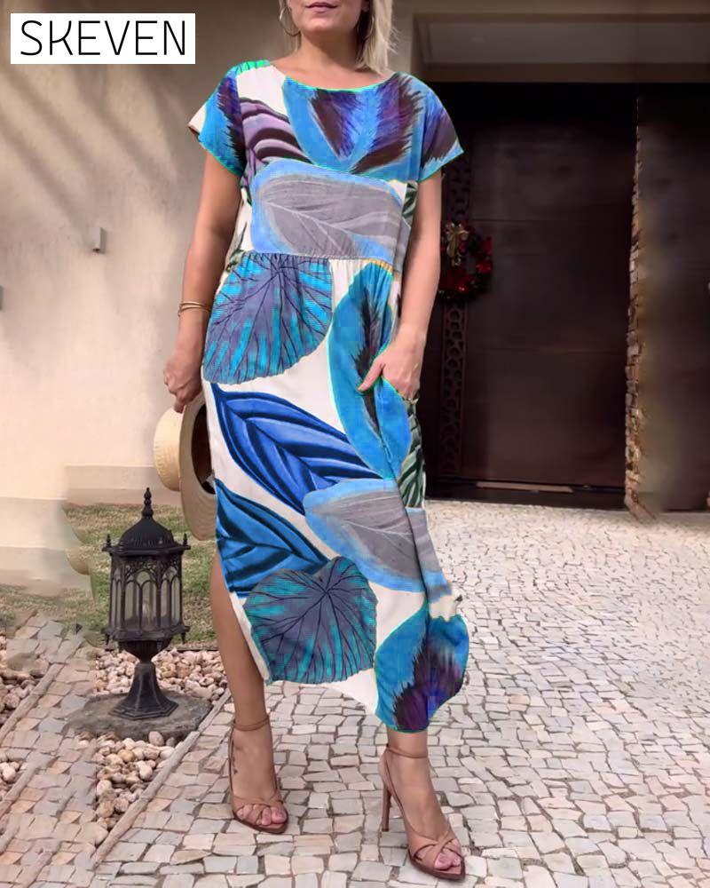 Leaf print short sleeve slit dress