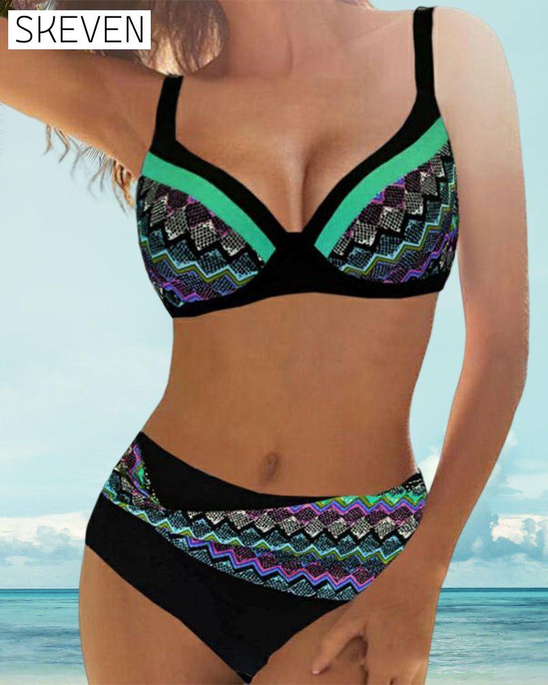 Hög Midja Push-up-Bikinis mit Streifendruck