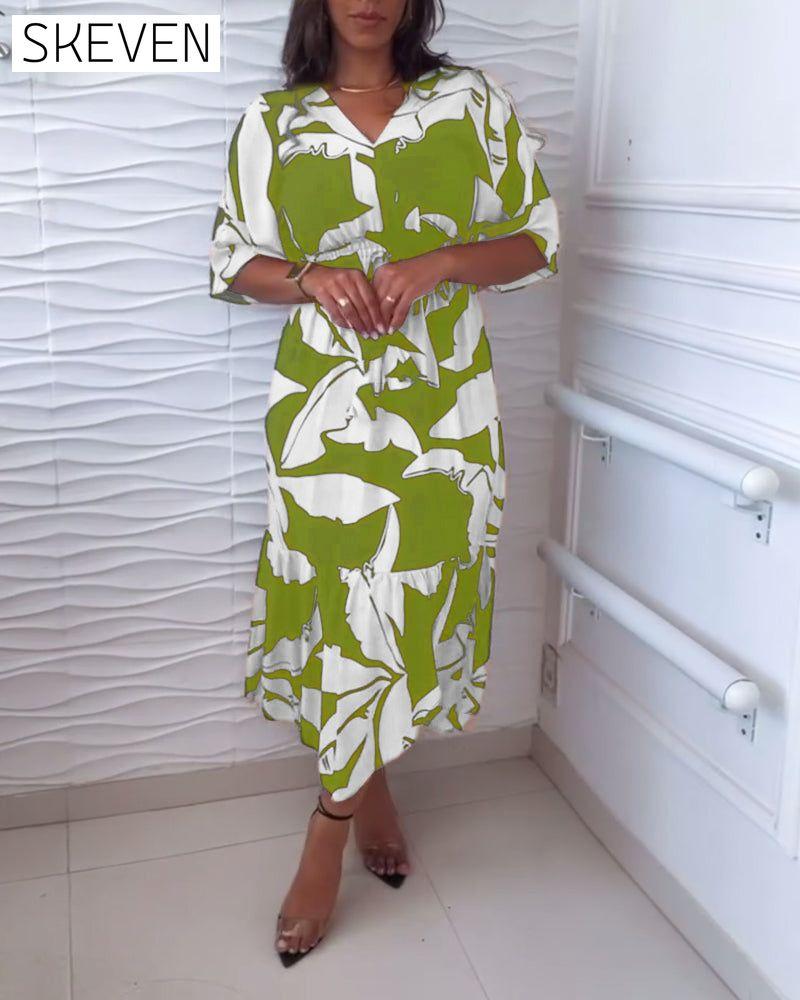 V-neck three-quarter sleeve drawstring elegant dress