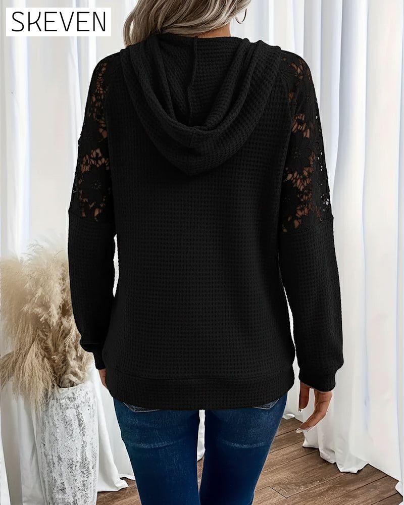 Lässiger Kapuzenpullover mit V-Ausschnitt und langen Ärmeln aus Spitze