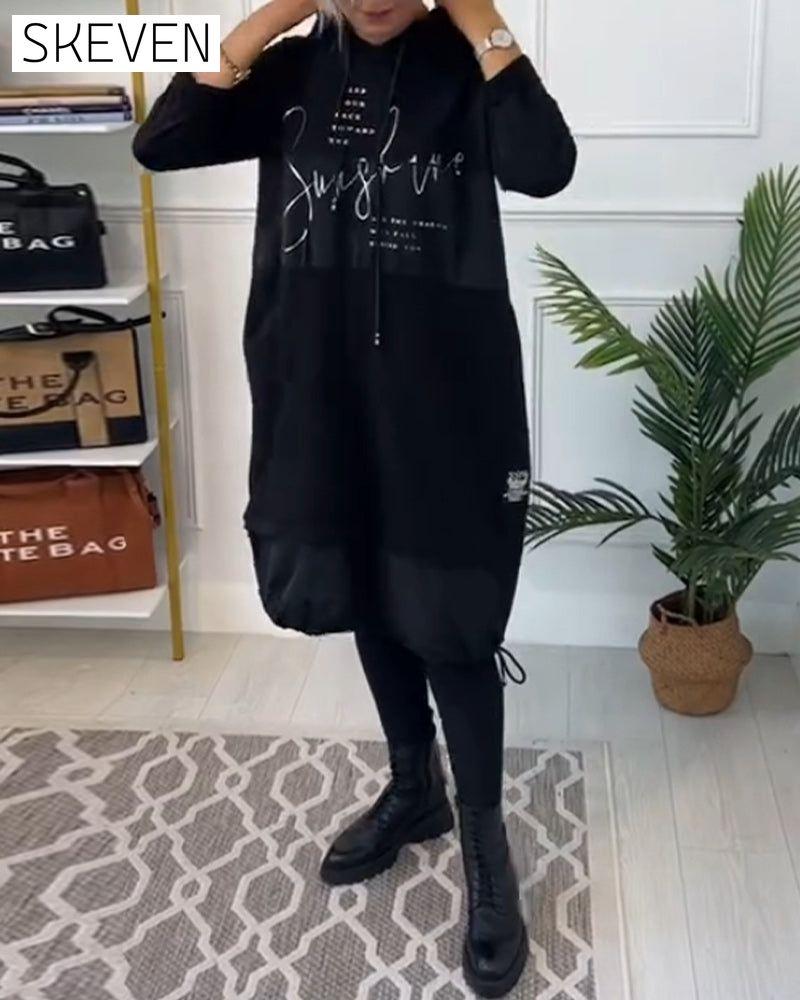 Casual color block letter print pocket hooded dress