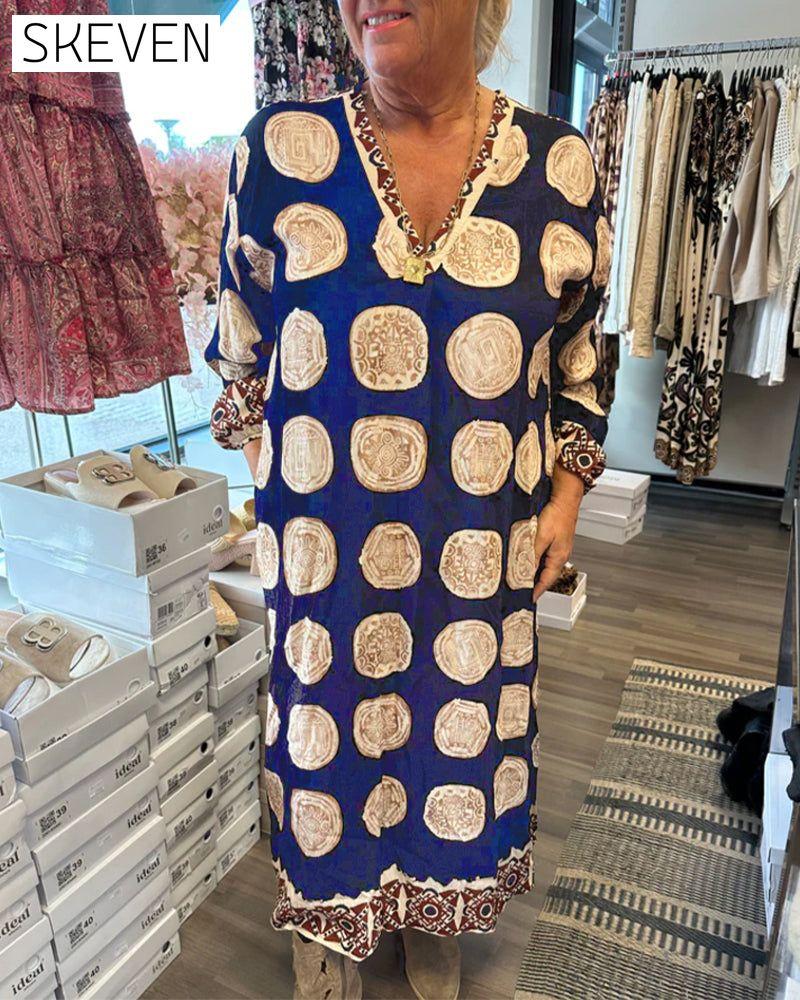 Long-Sleeved V-Neck Printed Dress
