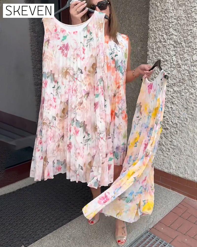 Sleeveless Pleated Floral Dress