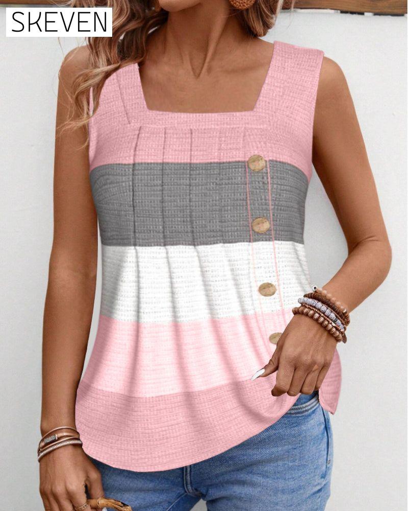 Gestreiftes, geknöpftes, plissiertes Tanktop