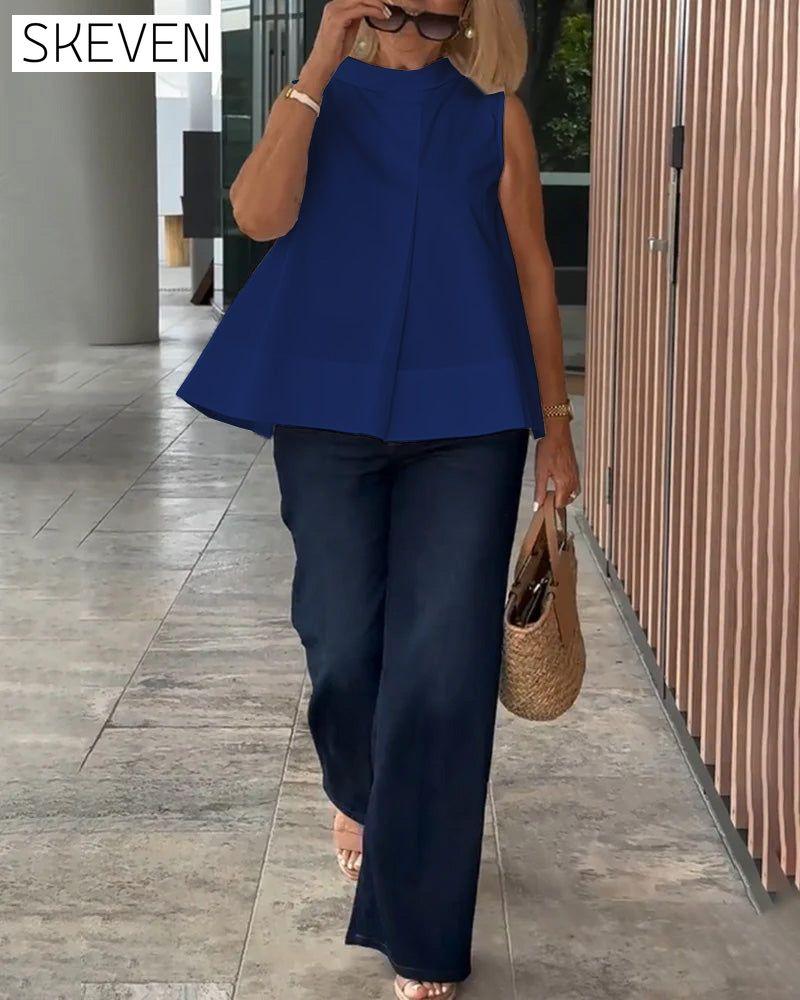 Sleeveless Solid Color Simple Blouse