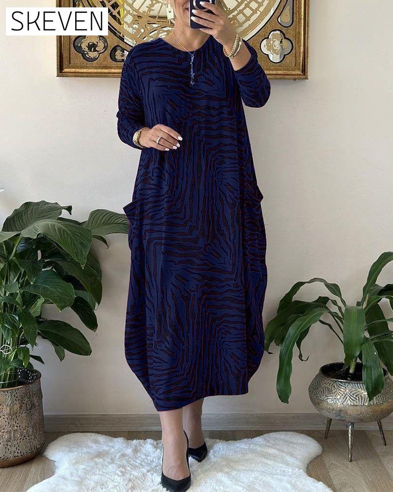 Fashion Loose Print Pocket Shift Dress Blue 2023 f/w casual dresses Clothes Dresses