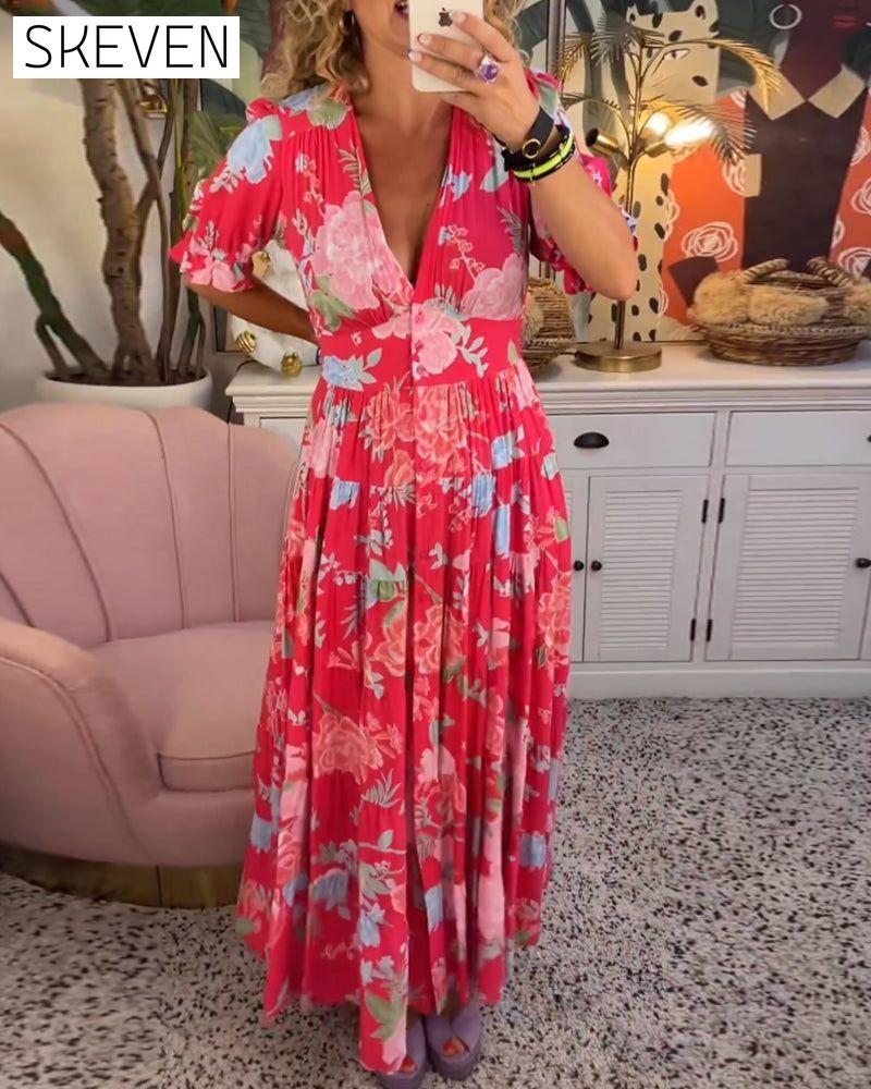 Floral print v-neck pocket dress 23BF Casual Dresses Clothes discount Dresses Spring Summer