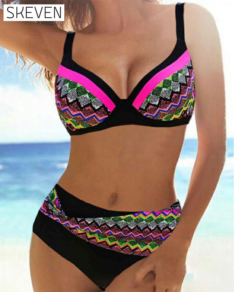 Hög Midja Push-up-Bikinis mit Streifendruck