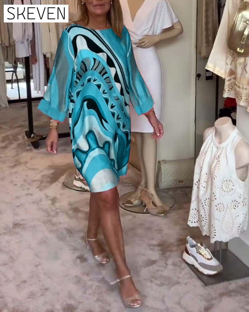 Round neck fashionable printed midi dress