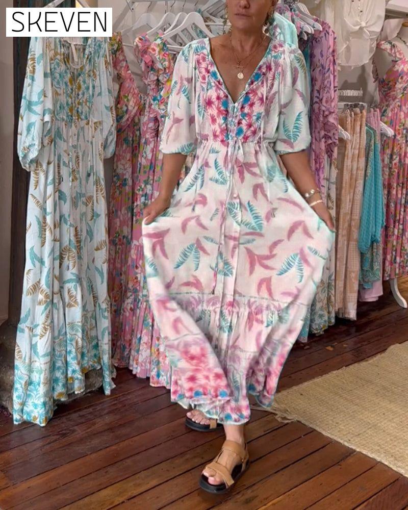Maxikleid mit V-Ausschnitt und Blätterprint für Damen