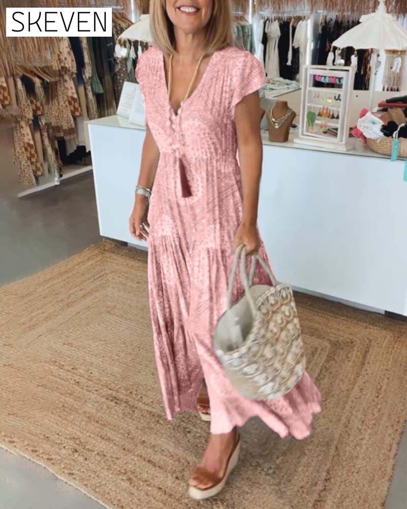 Vacation print V-neck split sleeve dress