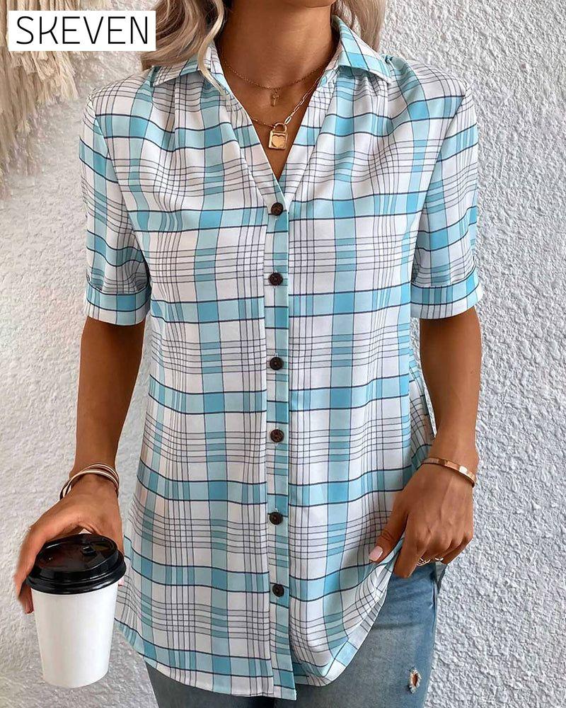 Plaid-print lapel collar blouse