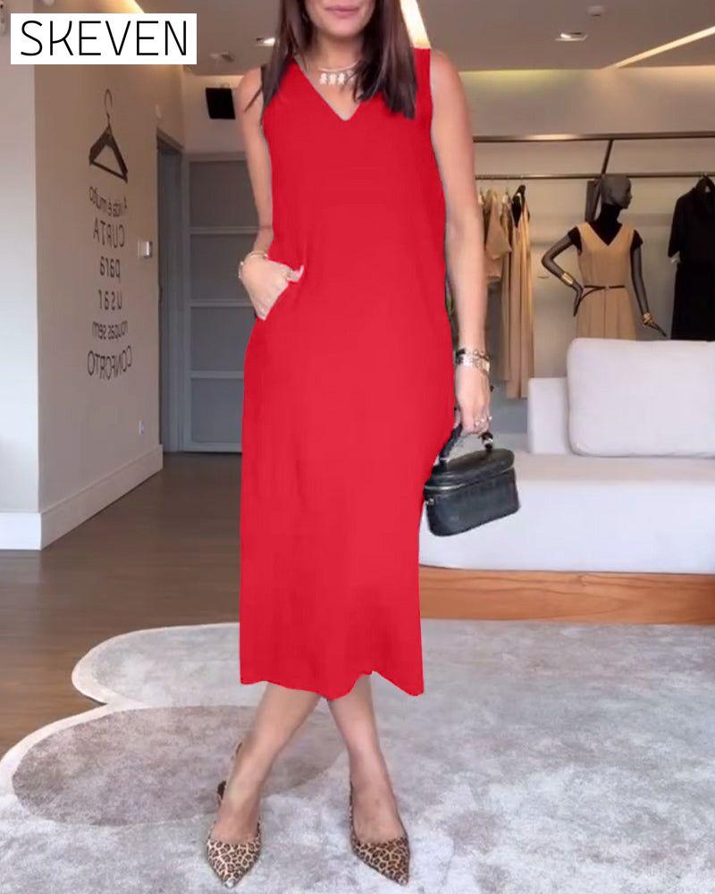 Robe décontractée sans manches à col en V et fente unie