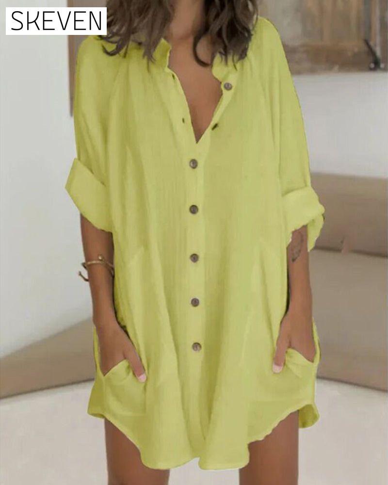 Button pocket solid shirt dress Yellow 23BF Casual Dresses Clothes Dresses Spring Summer