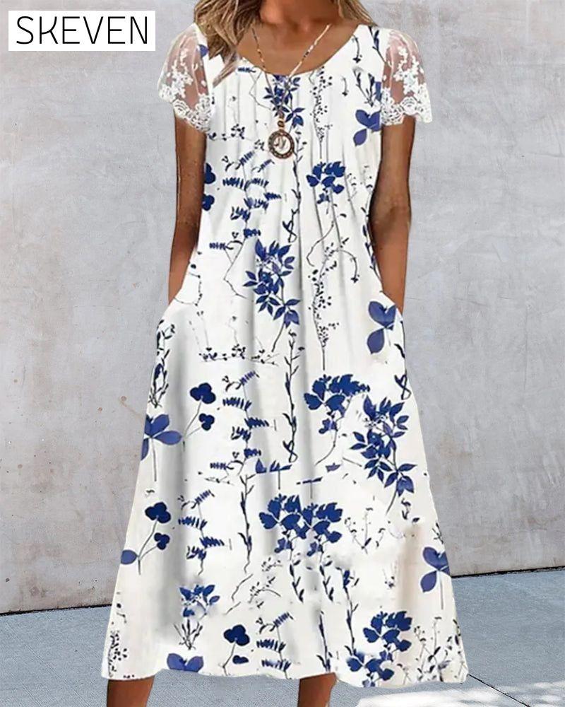 Lace sleeves floral print dress 23BF Casual Dresses Clothes Dresses Spring Summer