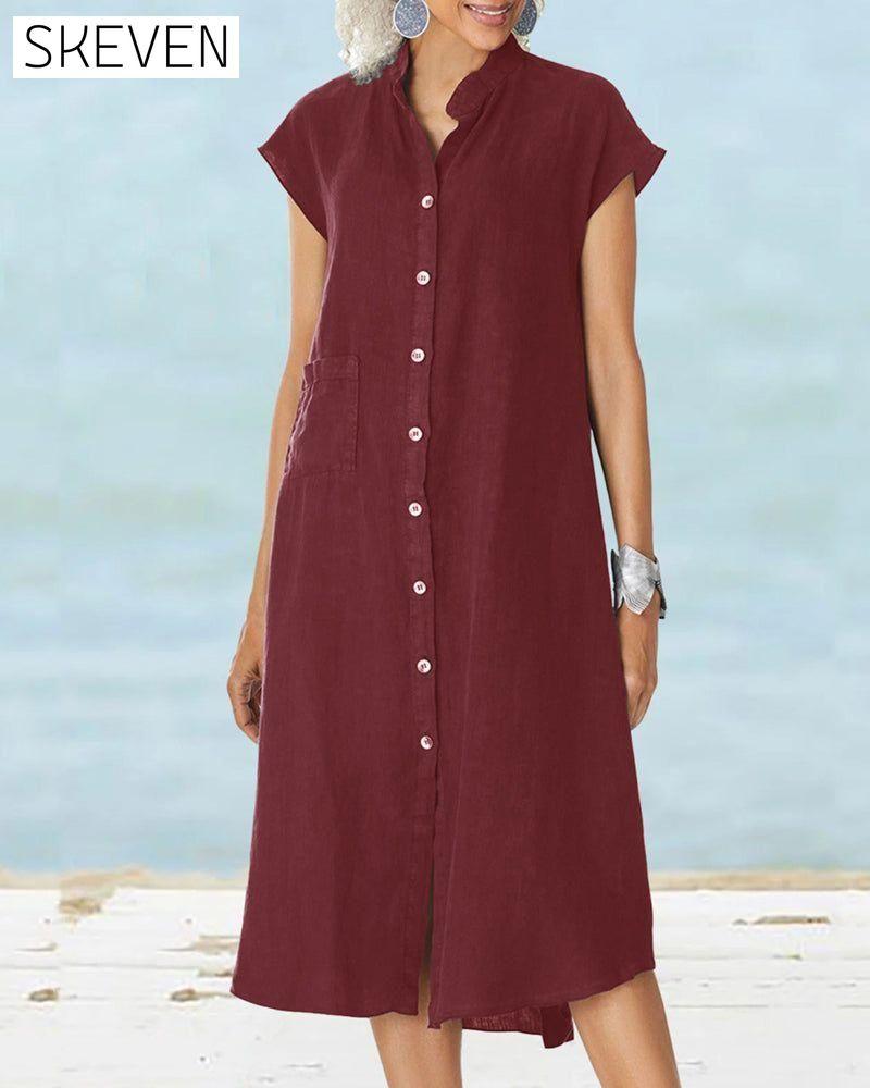 Stand collar single breasted pocket dress Burgundy 23BF Casual Dresses Clothes Dresses Summer