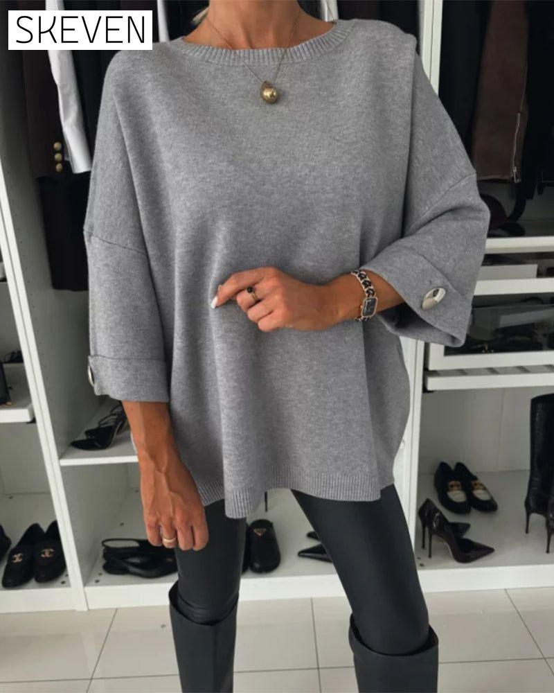 Fashion solid color round neck button pullover