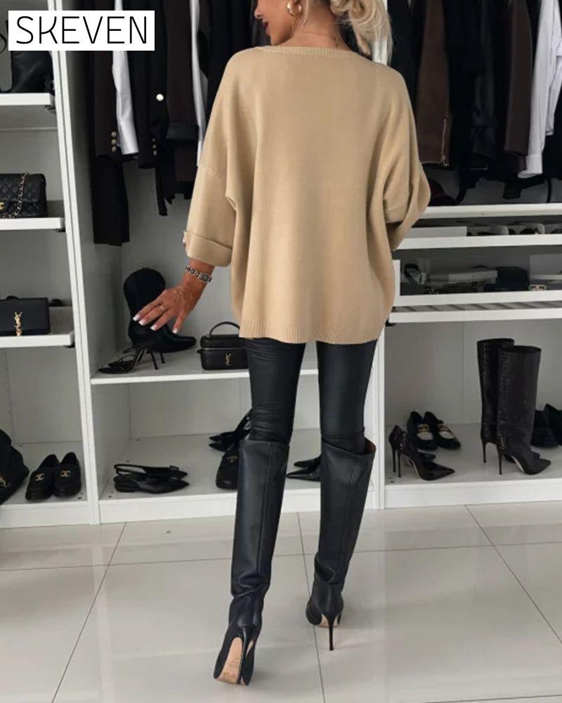 Fashion solid color round neck button pullover