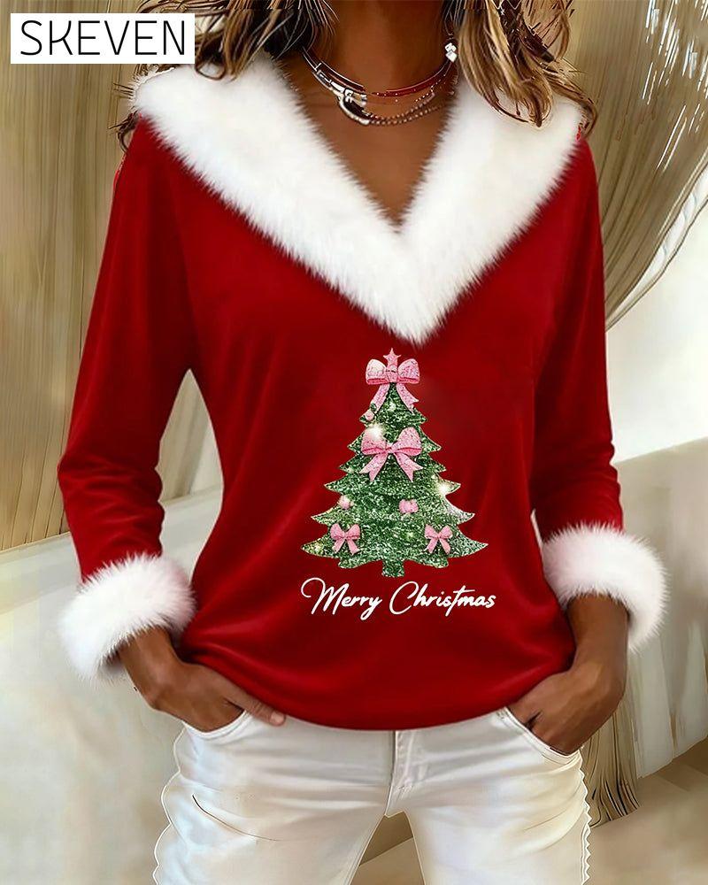 Large Fur Collar Christmas Print Top