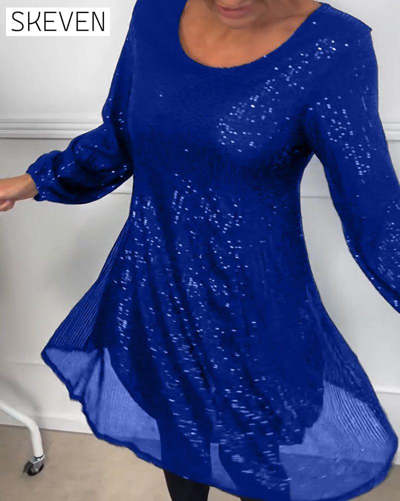 Elegantes, paillettenbesetztes A-Linien-Kleid mit Laternenärmeln