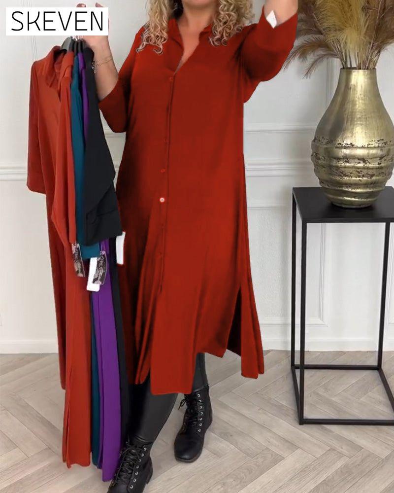Buttoned solid color shirt dress