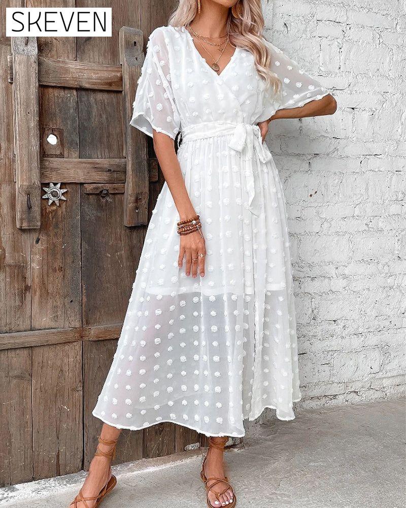 Solid color v neck elegant dress