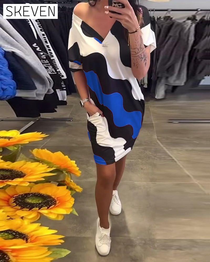 V-Neck Wave Print Dress
