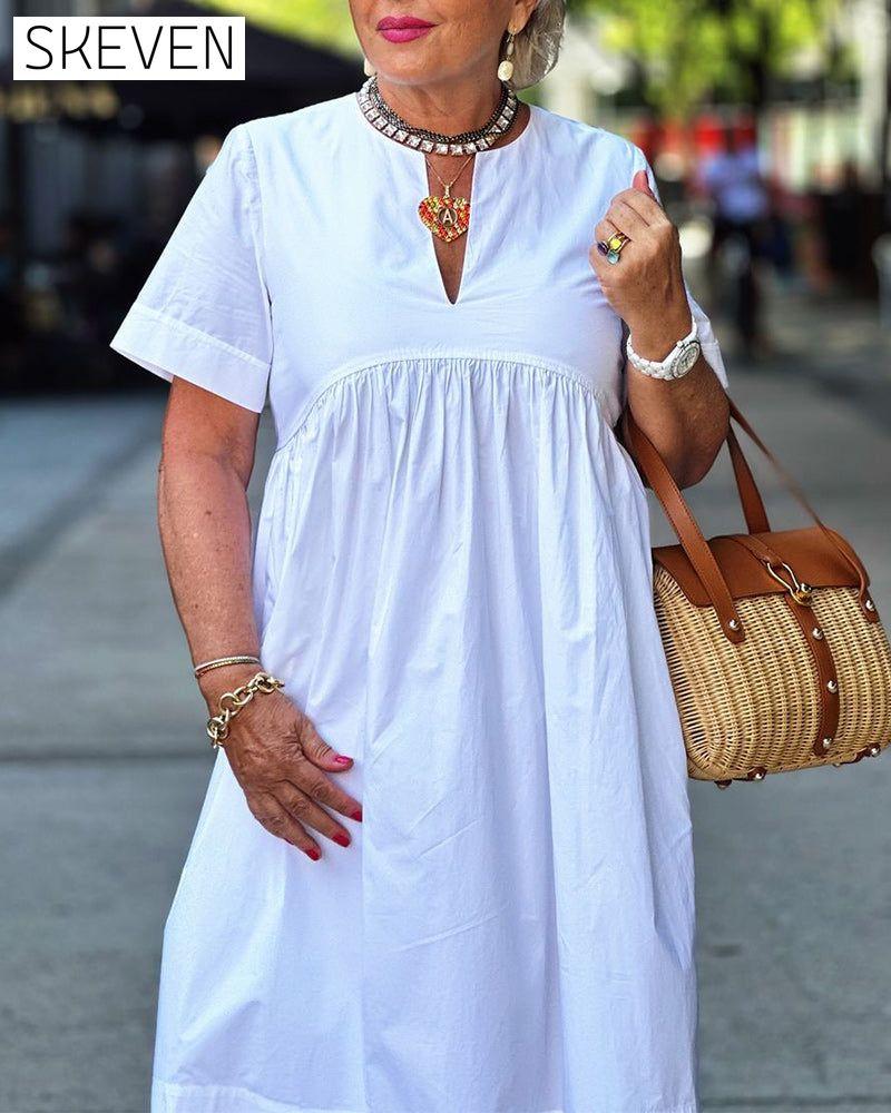 Patchwork short-sleeved solid color pleated dress