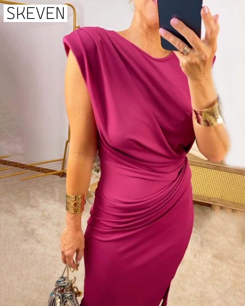Robe plissée sans manches à fente, couleur unie