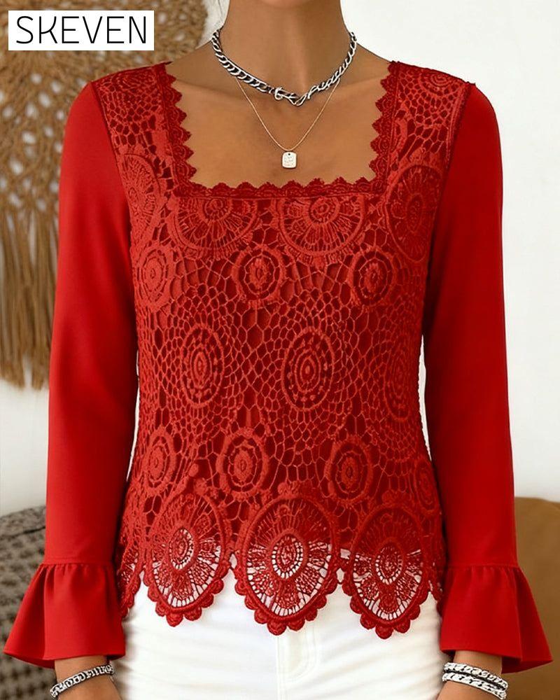 Gehäkelte Patchworkbluse mit weitem Ausschnitt