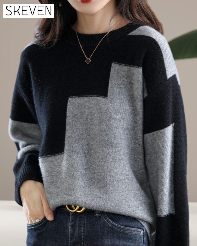 Lässiger, langärmeliger Pullover in Kontrastfarbe