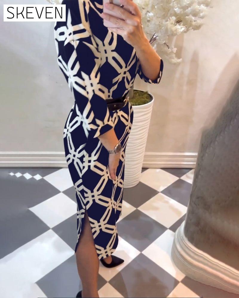 Geometric print side slit elegant dress
