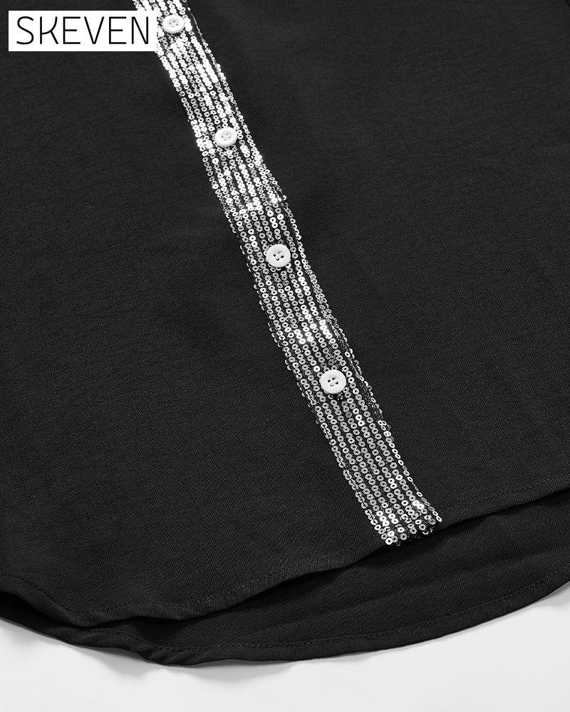 Paneled sequin button casual top