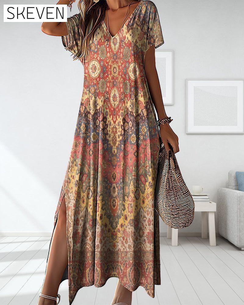 V-neck printed slit dress 23BF Casual Dresses Clothes Dresses SALE Spring Summer