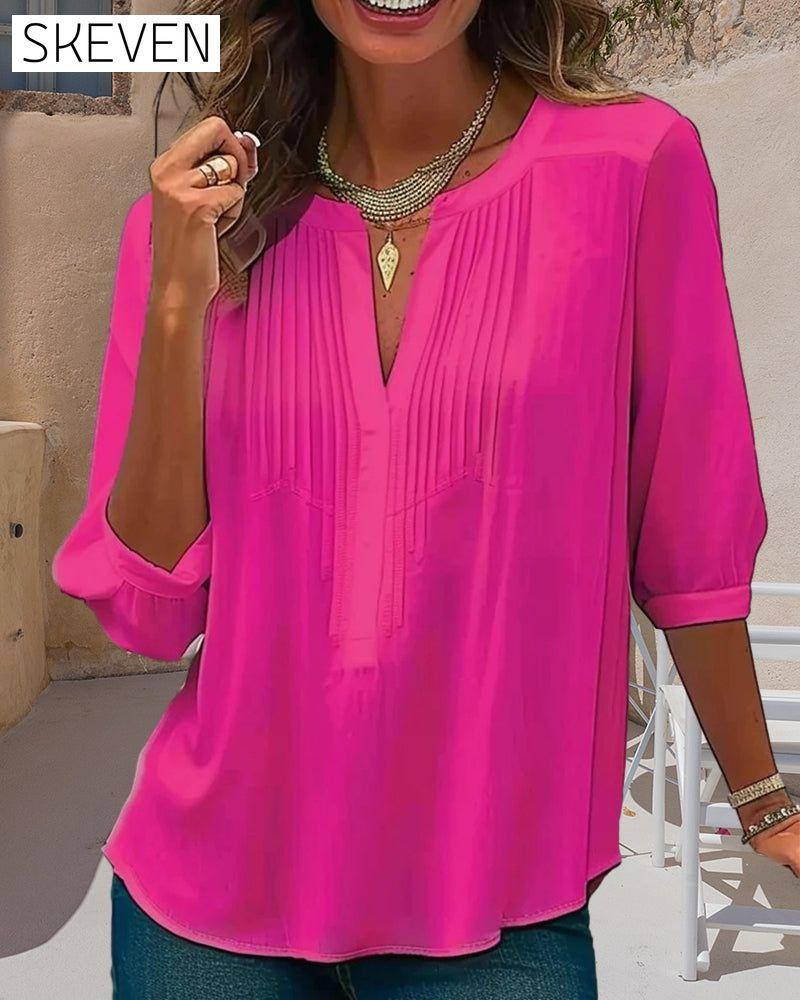 V-neck pleated solid color blouse